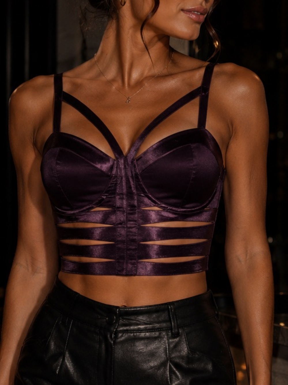 Plunge Strappy Satin Crop Bustier Top - Purple MEDIUM